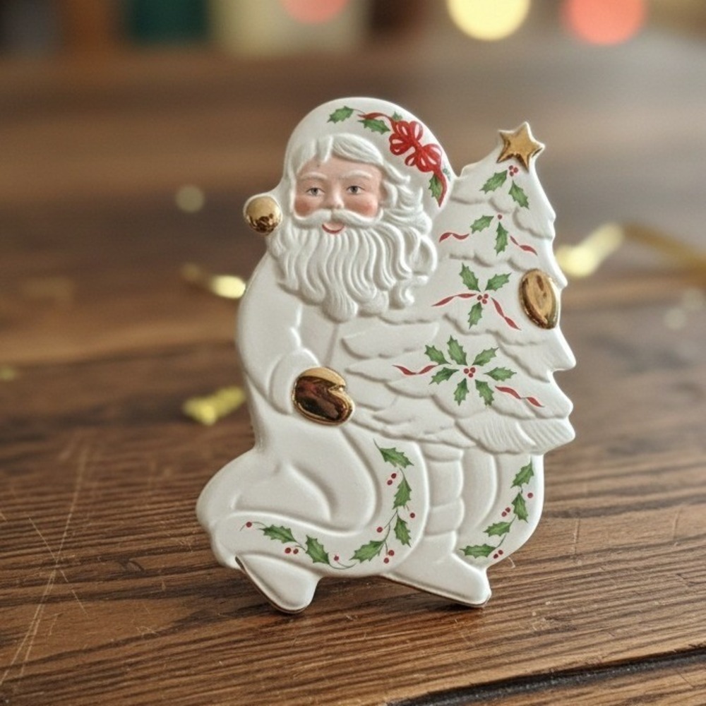 Lenox Santa Claus Christmas Trivet, Vintage Holly Berry Bone China‎ Kitchenware